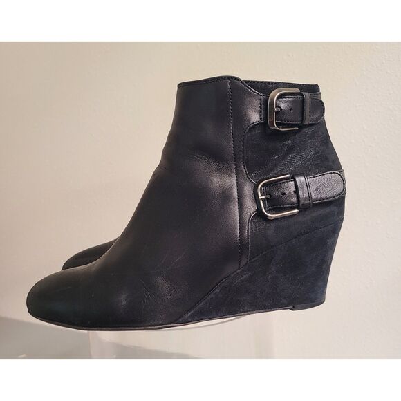 AGL Black Leather Ankle Wedge Booties Double Buckle US 9/9.5 - Picture 2 of 6